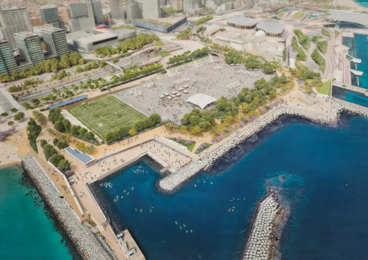 Render of the Delta Prim proposal for the Plataforma Marina del Fòrum, showcasing new public spaces and the seafront promenade.